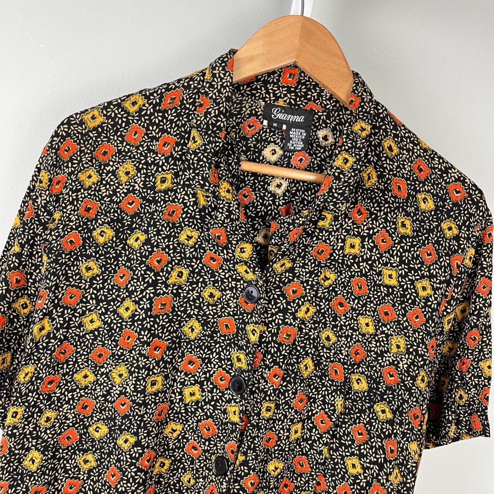 Vintage Gianna‎ Top Blouse Womens M Black Orange Geometric Print Button Up Rayon